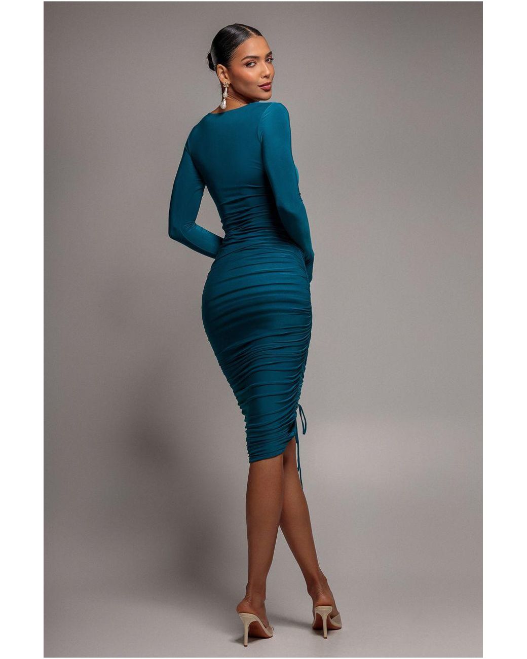 Goddiva Blue Asymmetrical Neck Ruched Midi Dress