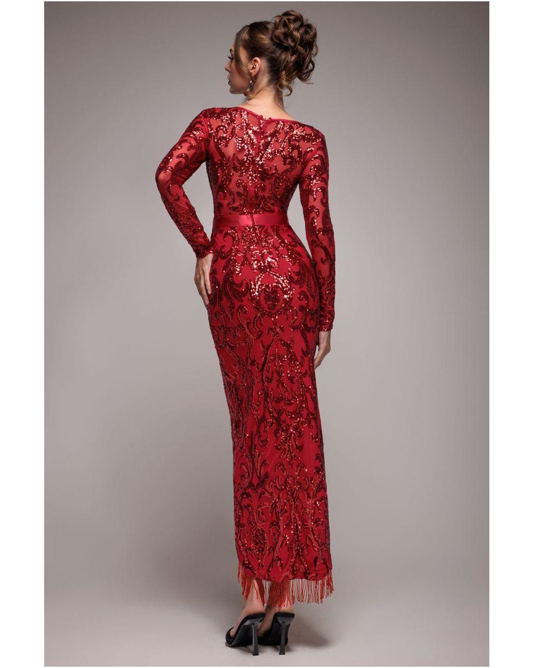 Goddiva Red Sequin Tassel Maxi Dress With Thigh Slit