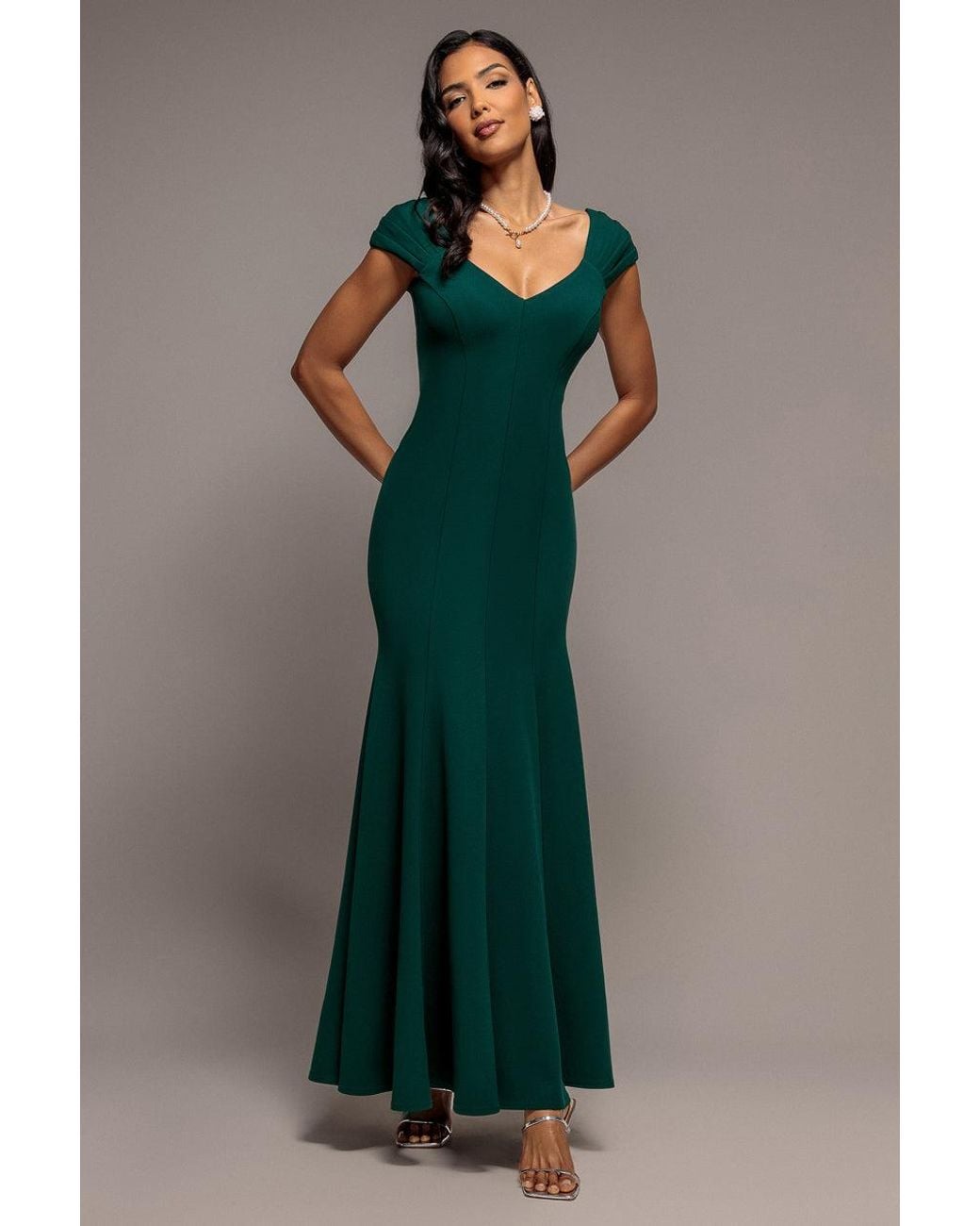 Goddiva Green Capped Sleeve V Neck Pleated Fit & Flare Maxi Dress