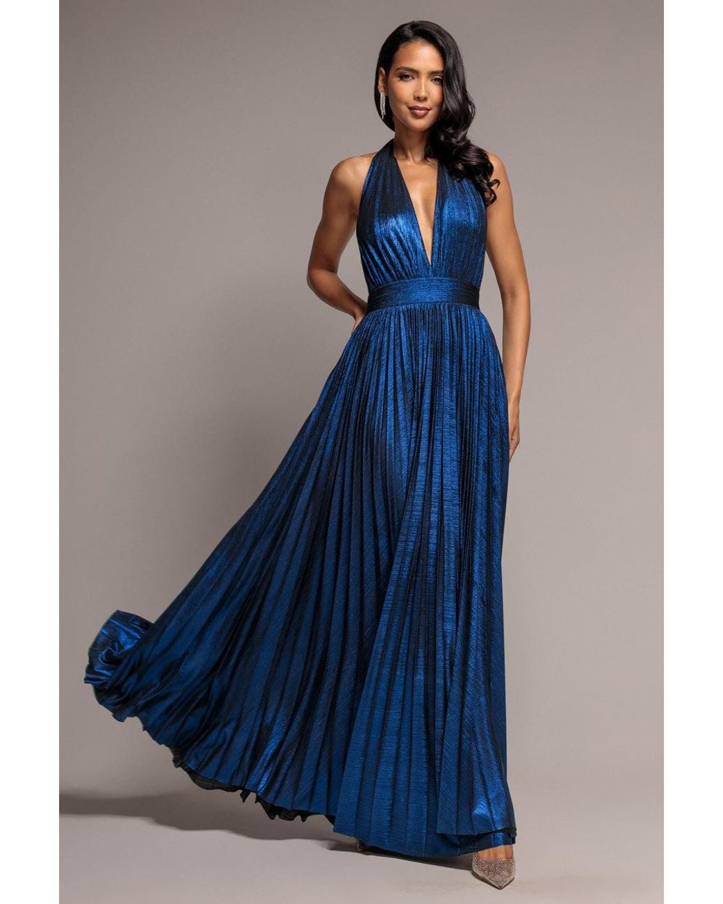 Goddiva Blue Open Back Sunrise Foil Halterneck A Line Maxi Dress