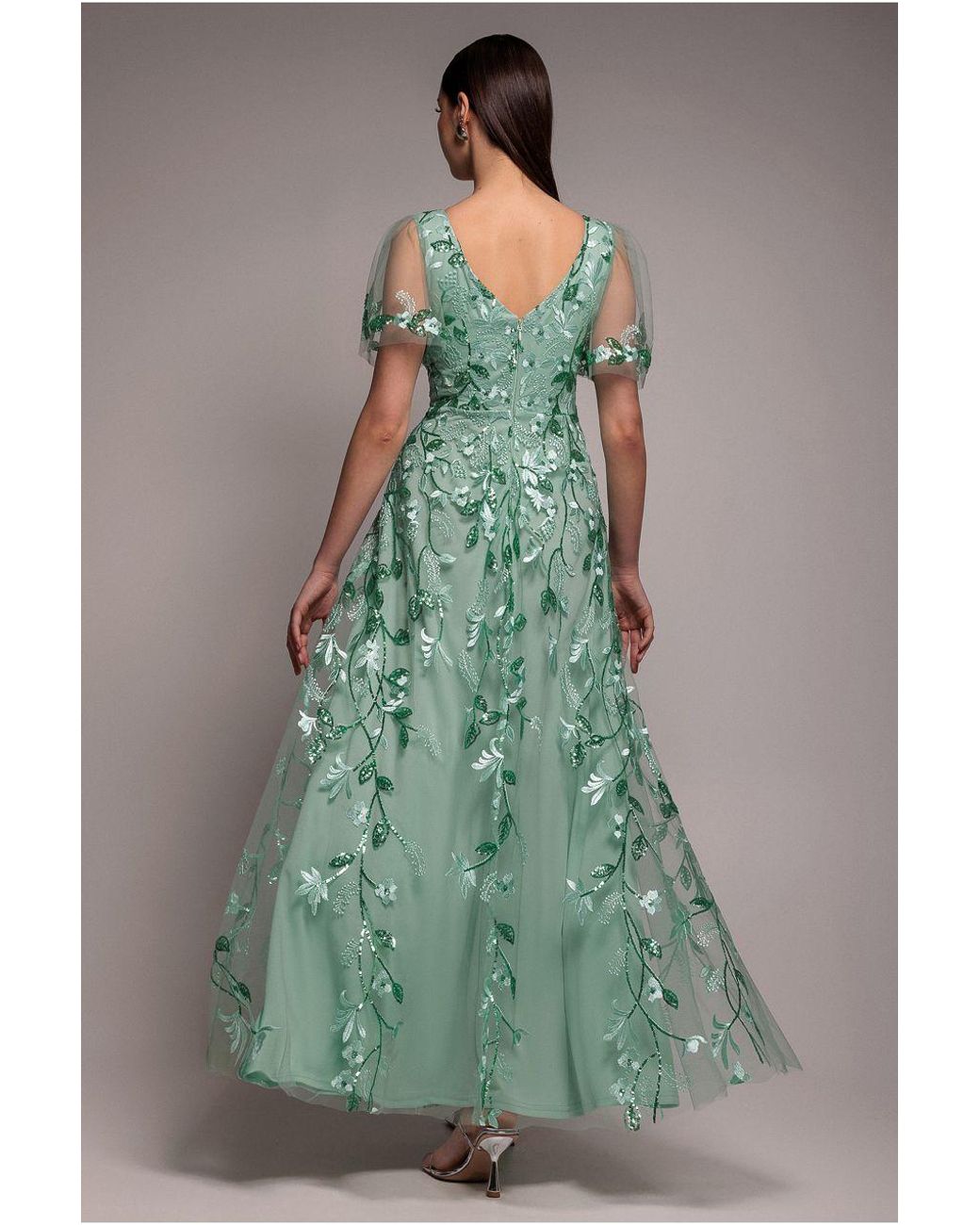 Goddiva Green Flared Sleeve Embroidered Maxi Dress
