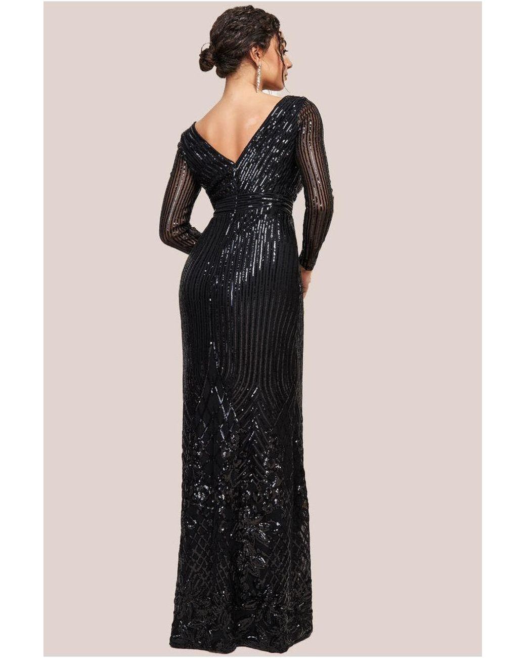 Goddiva Long Sleeve Sequin V Wrap Maxi Dress in Black | Lyst