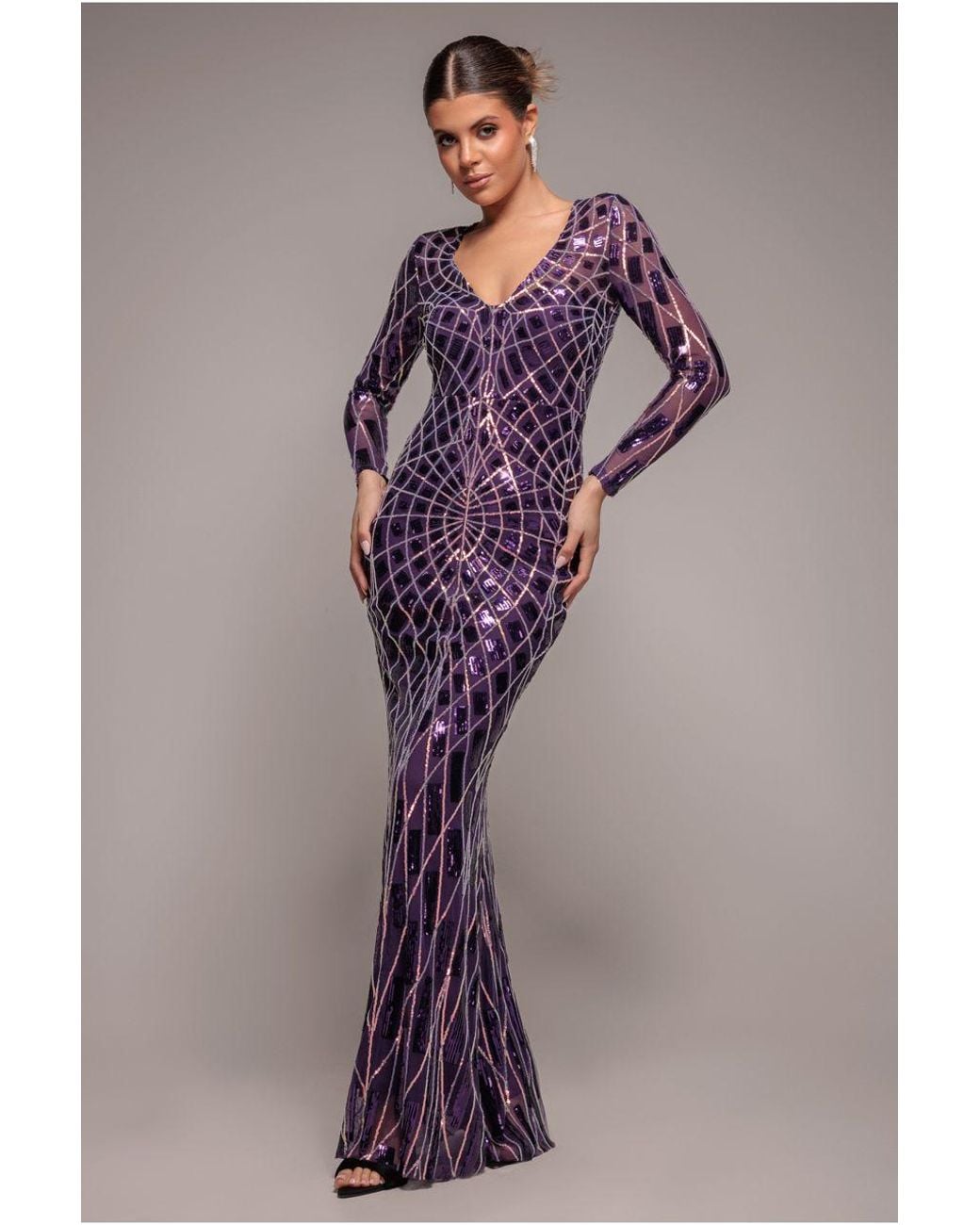 Goddiva Purple Geo Sequin Long Sleeve Maxi Dress