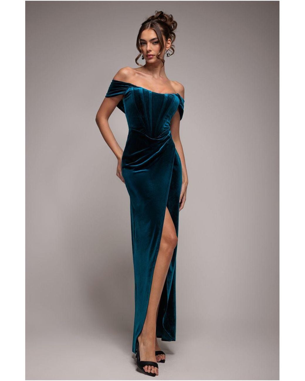 Goddiva Blue Draped Shoulder Velvet Corset Maxi
