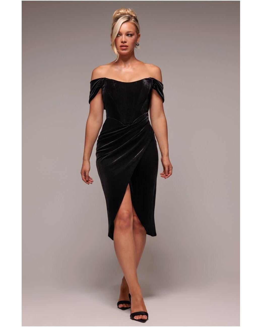 Goddiva Black Draped Shoulder Velvet Corset Midi