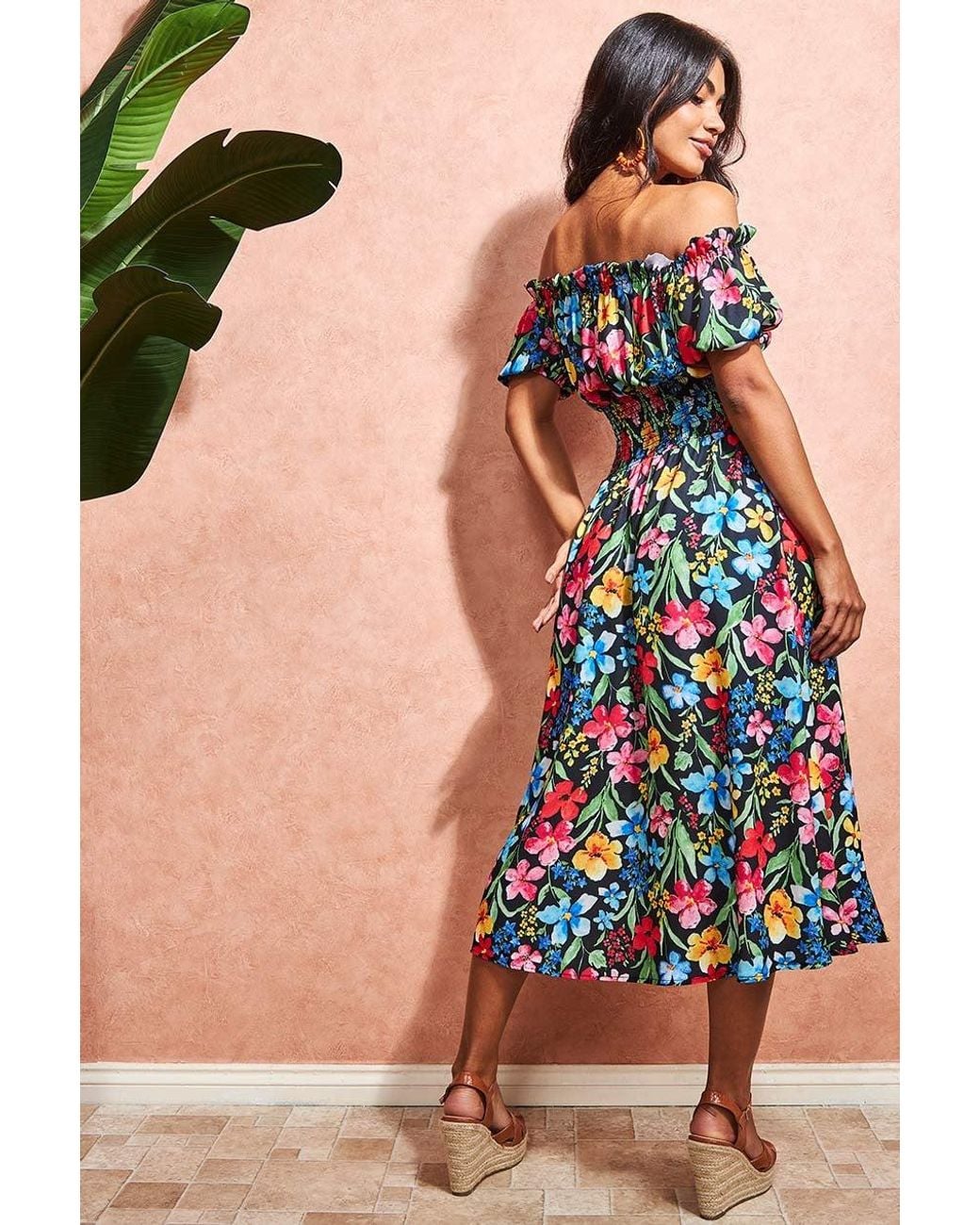 Goddiva Blue Off The Shoulder Floral Midi Dress