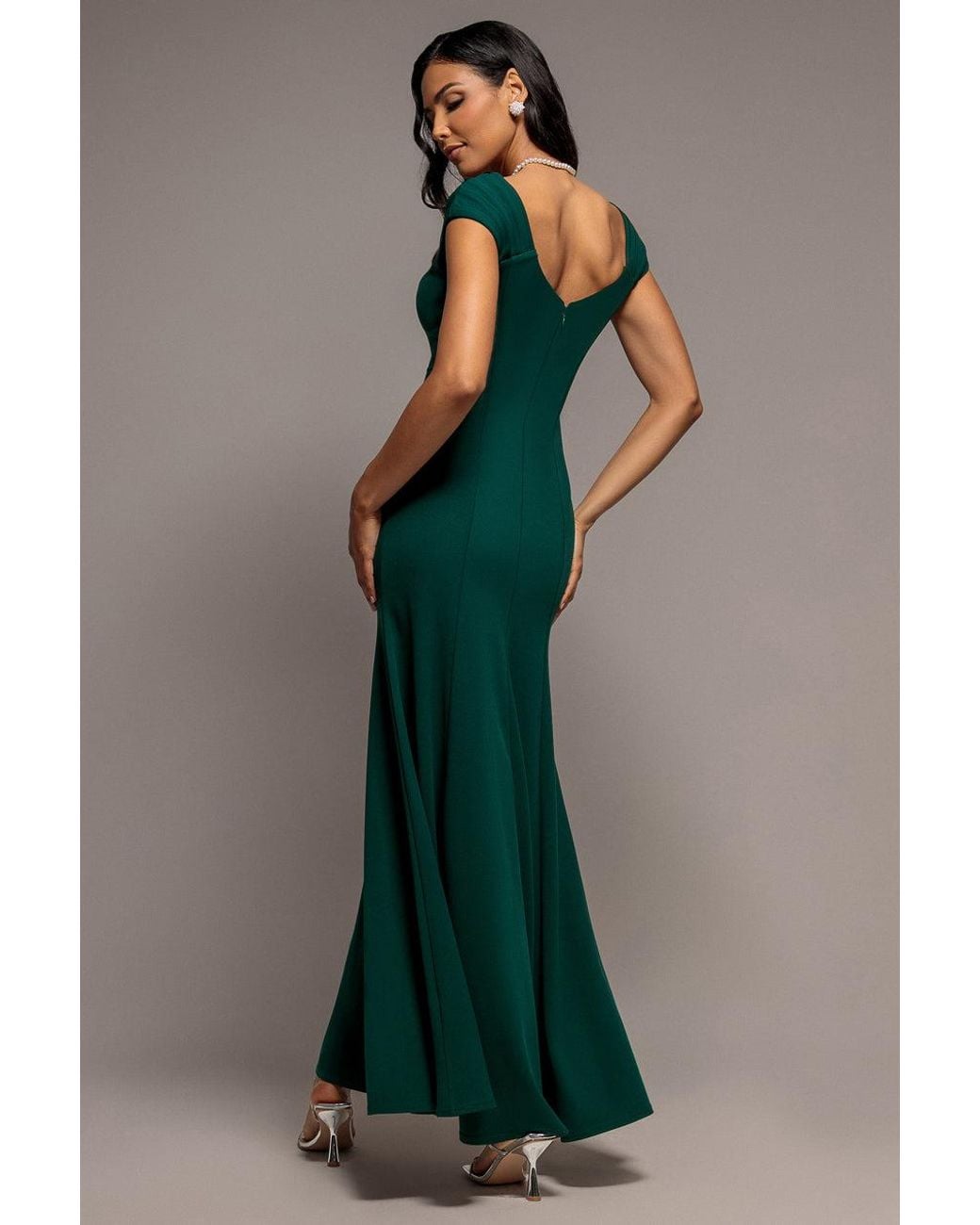 Goddiva Green Capped Sleeve V Neck Pleated Fit & Flare Maxi Dress