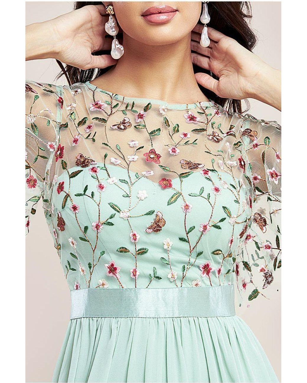 Goddiva Green Embroidered Top Flutter Sleeve Maxi