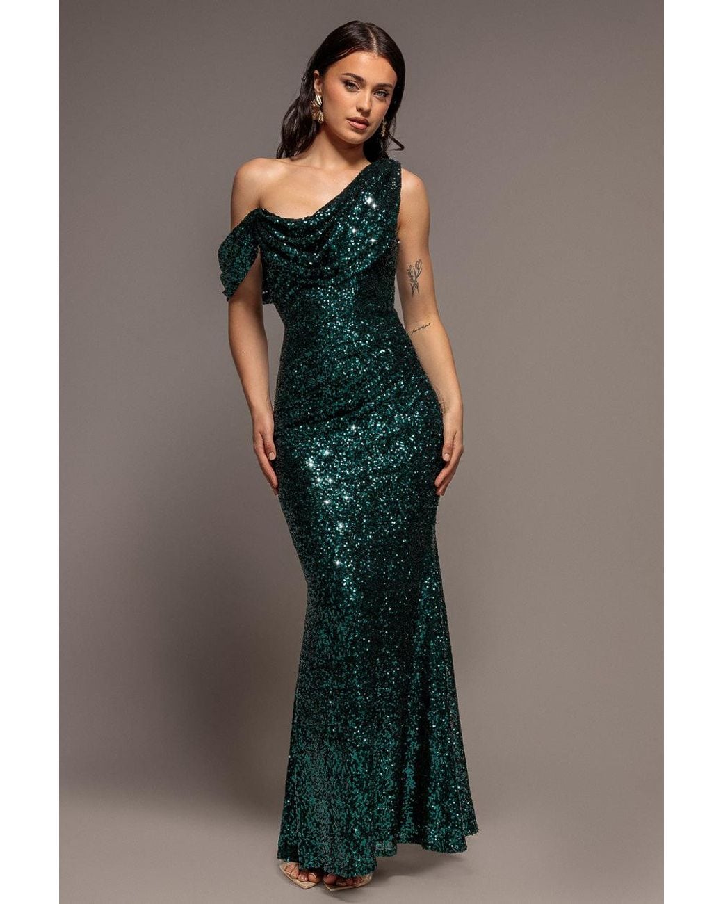 Goddiva Multicolor Sequin Cowl One Shoulder Maxi Dress
