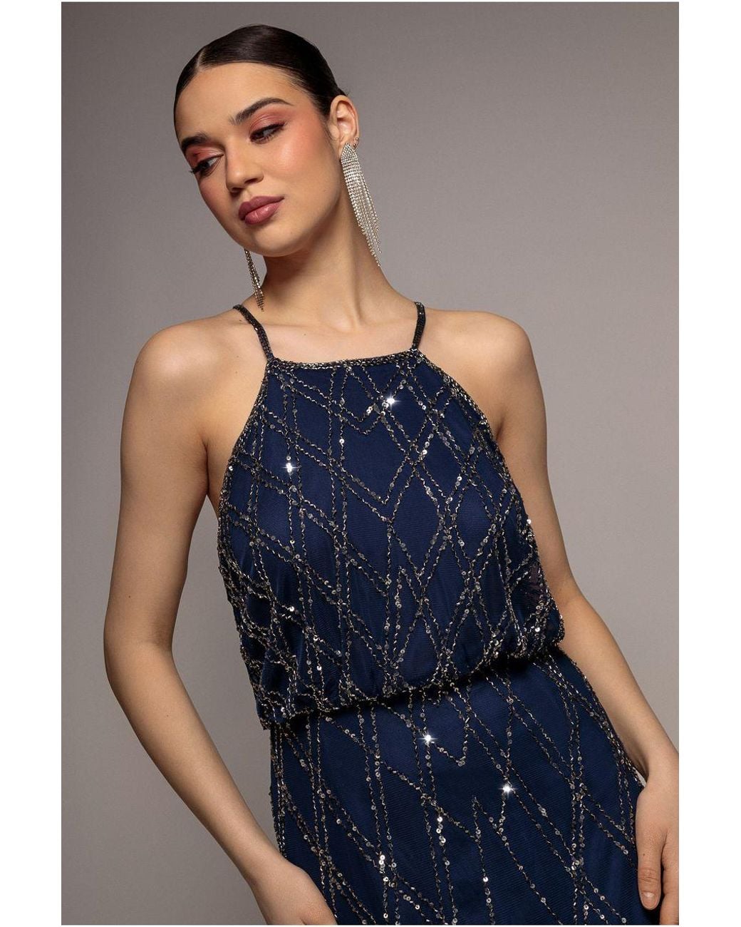 Goddiva Blue Racer Neck Sleeveless Hand Embellished Sequin Maxi Dress