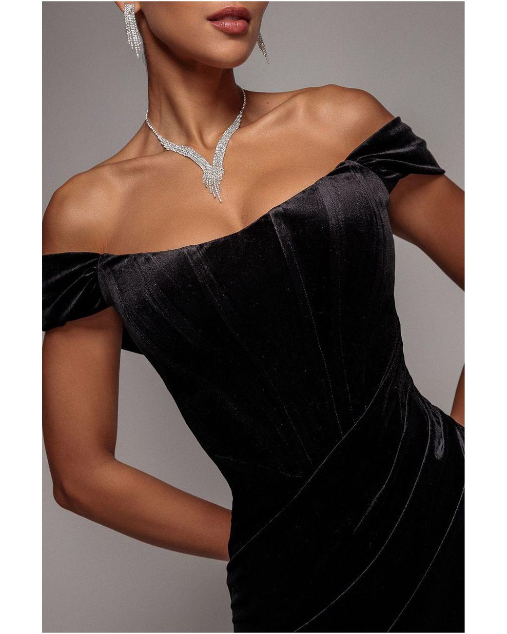 Goddiva Black Draped Shoulder Velvet Corset Maxi