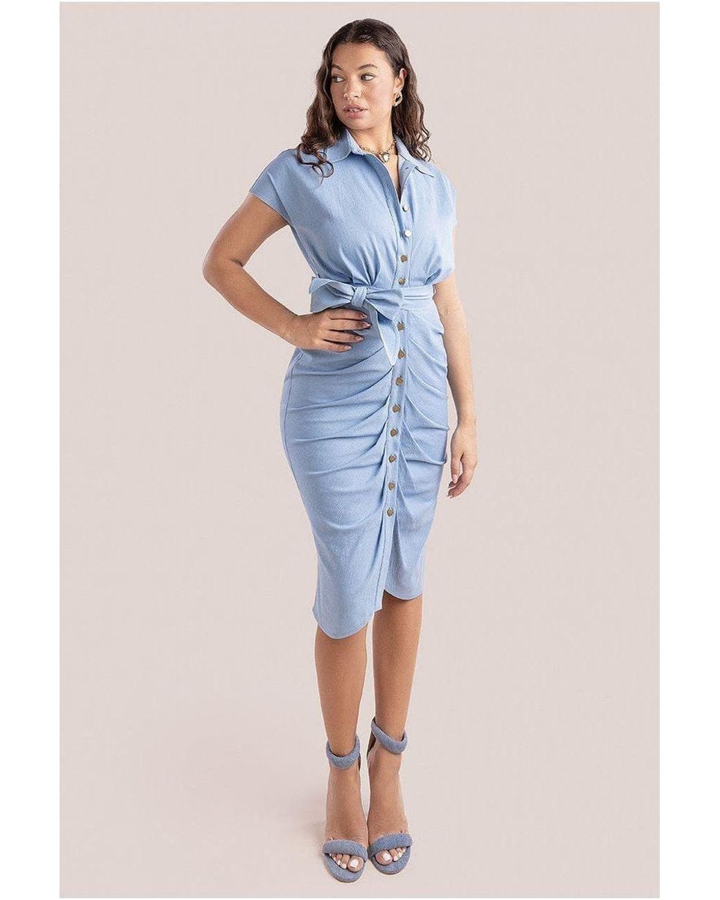Goddiva Blue Denim Gathered Angel Sleeve Midi Shirt Dress