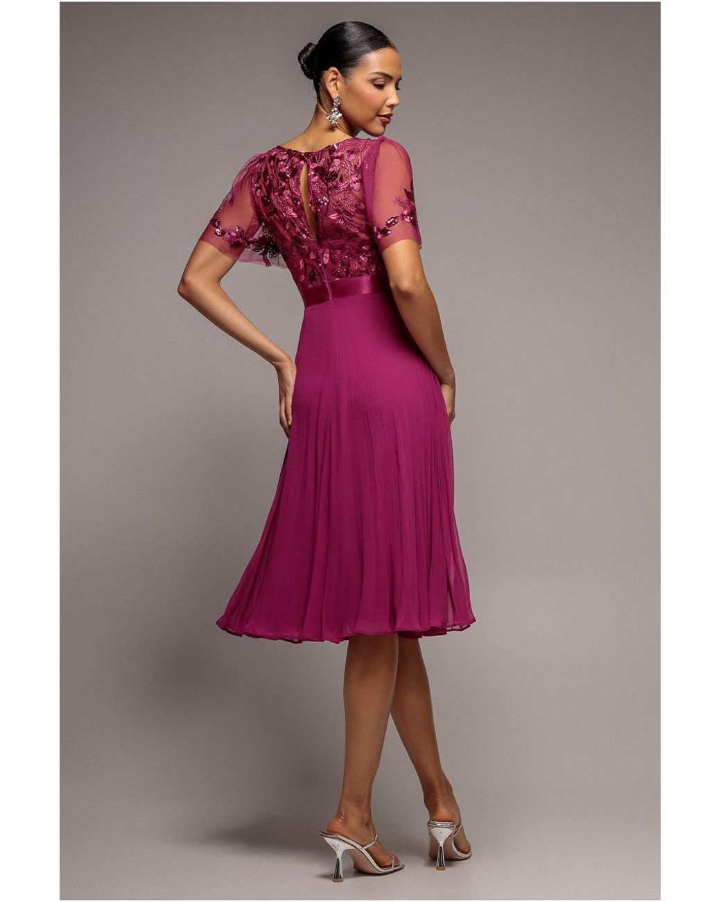 Goddiva Pink Embroidered Top Chiffon Pleated Midi