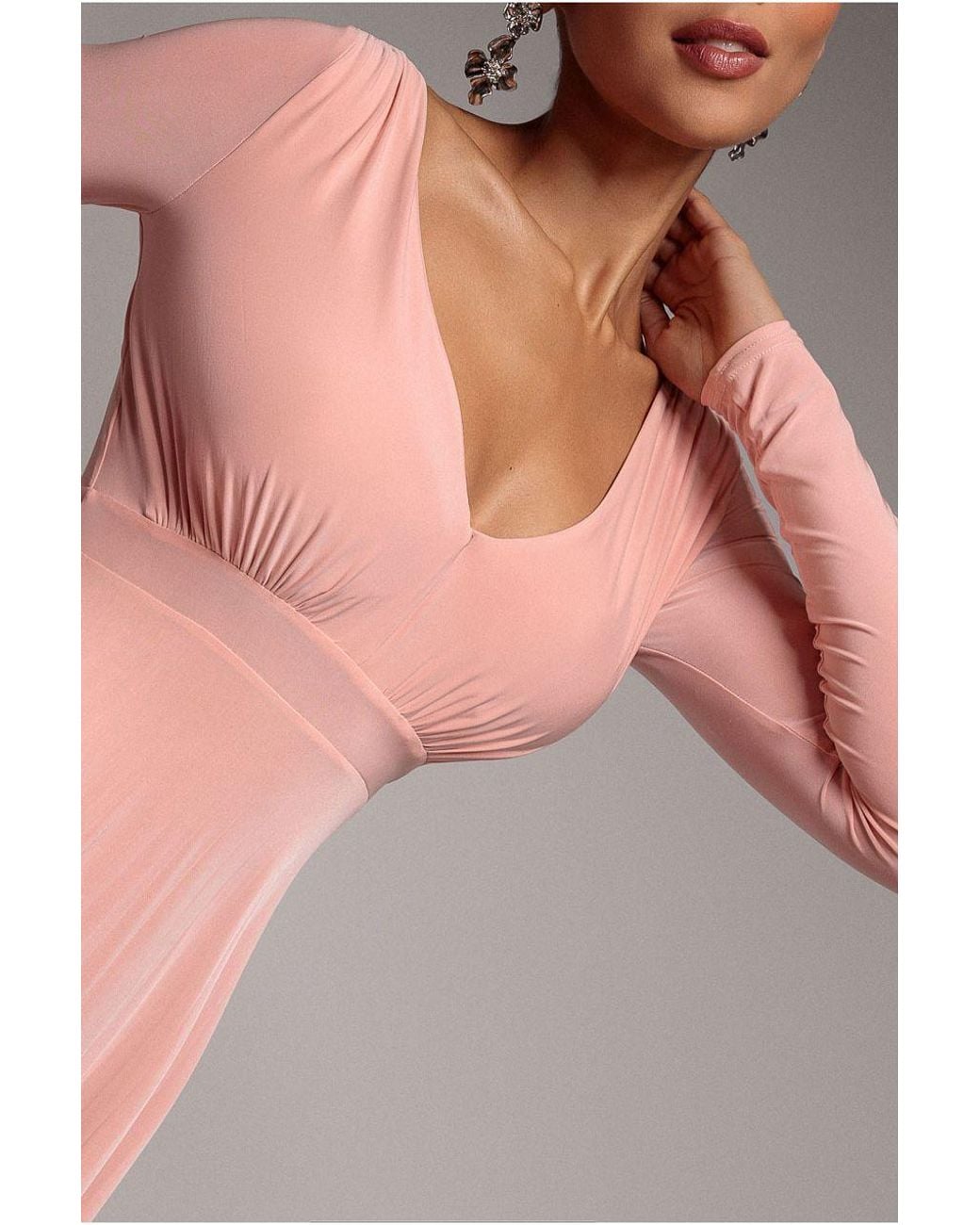 Goddiva Pink Plunge Neck Long Sleeve A Line Maxi Dress