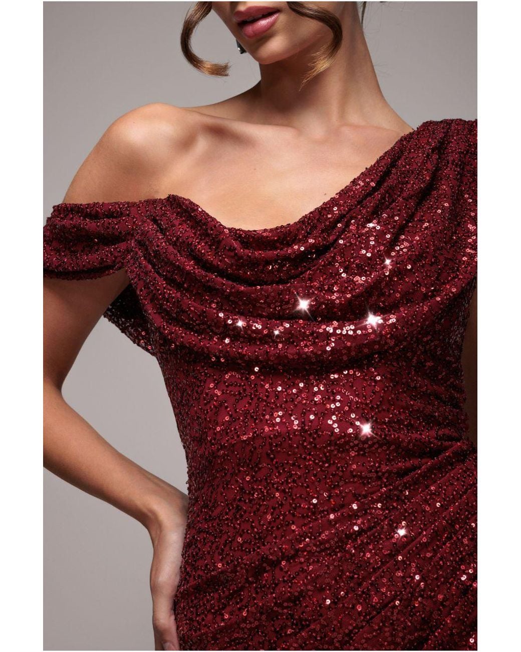 open lace back dress Cowl Neck Glitter Draped Maxi Dress - Red main image 1