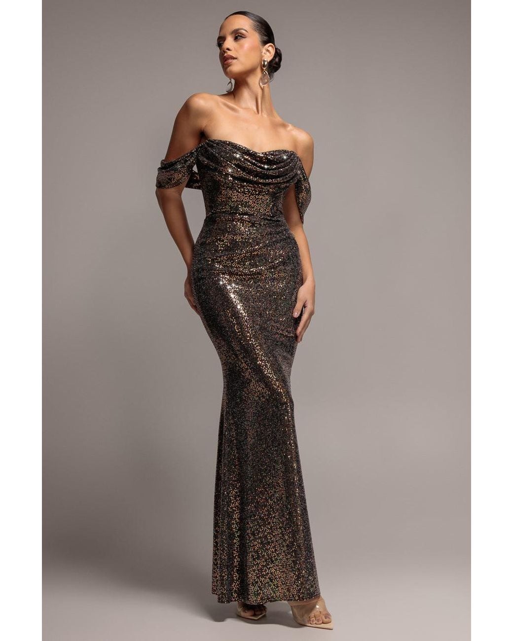 Goddiva Brown Sequin Lurex Off Shoulder Cowl Bardot Maxi Dress