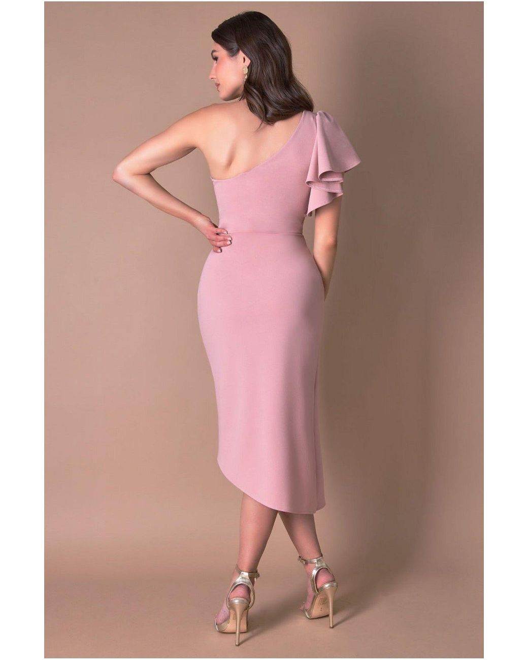 Goddiva Pink Waterfall Sleeve Wrap Midi Dress