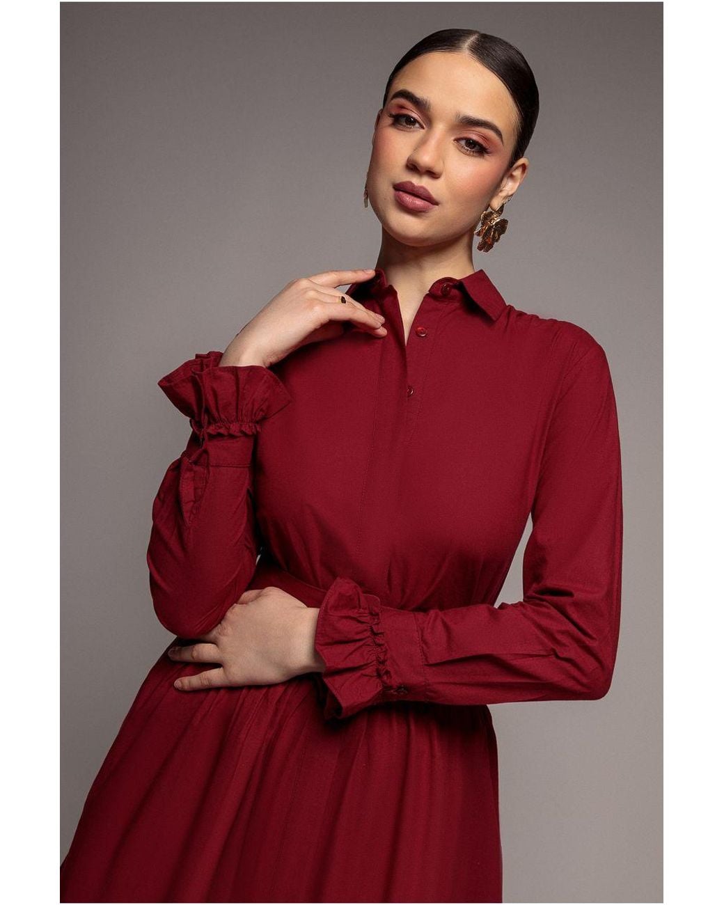 Goddiva Tiered Shirt Belted Long Sleeve Midi Dress