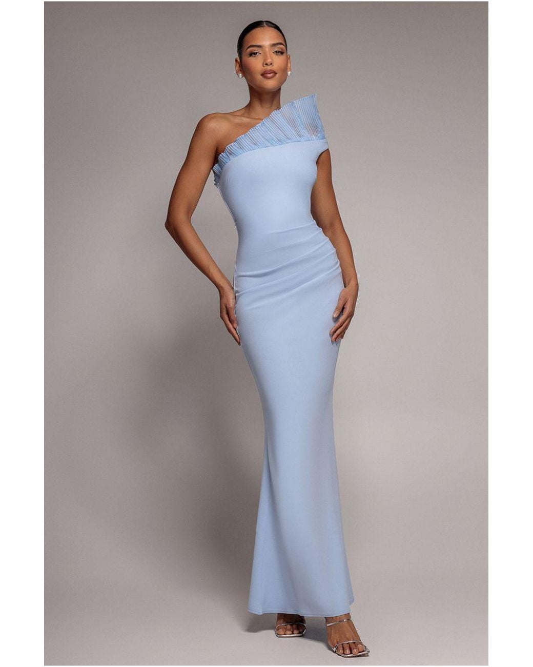Goddiva Blue One Shoulder Organza Frill Pleated Mermaid Maxi Dress