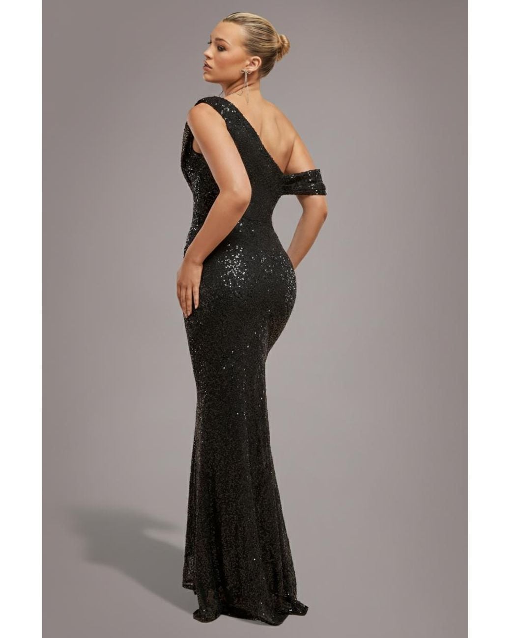 Goddiva Black Sequin Cowl One Shoulder Maxi Dress