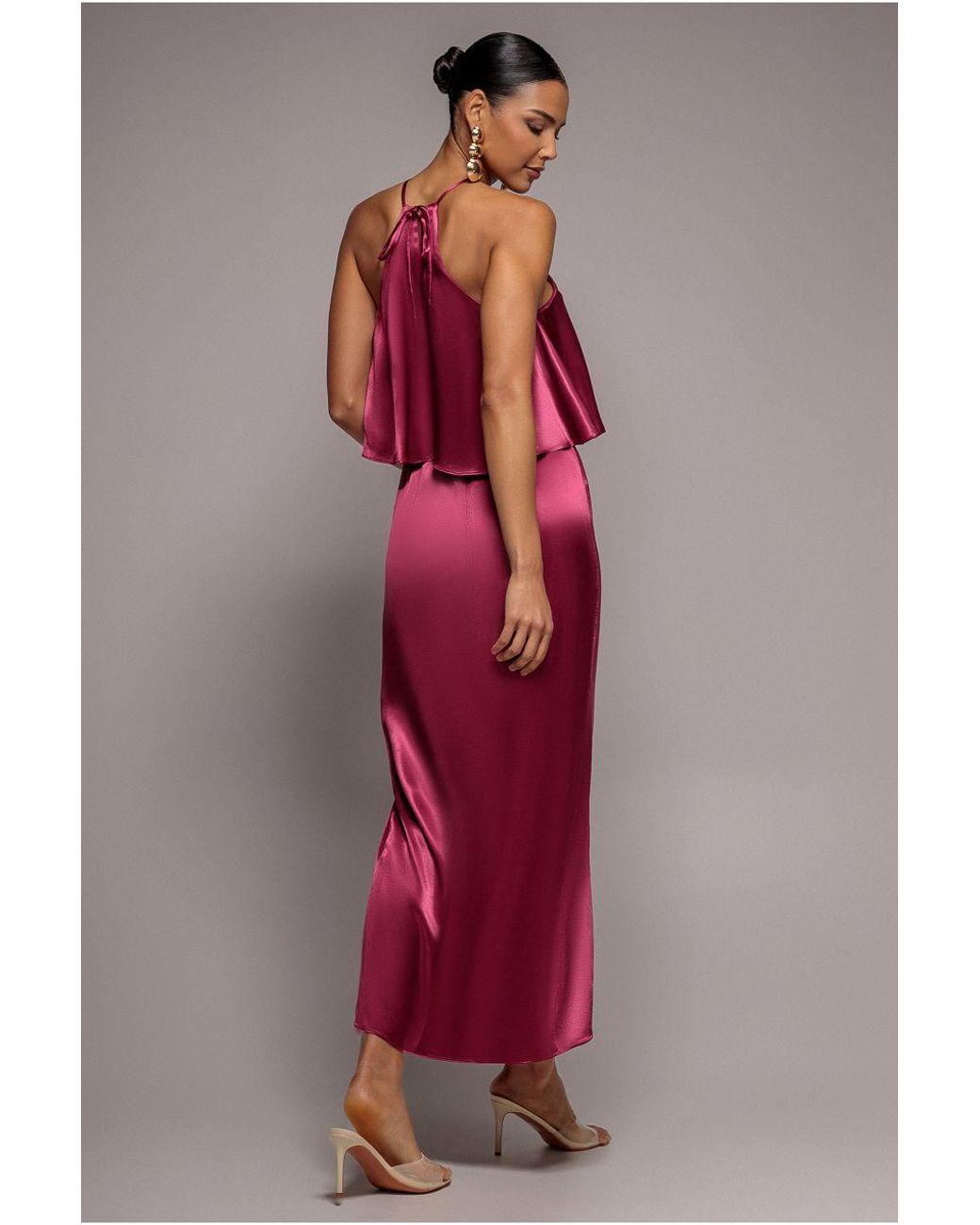 Goddiva Pink Satin Viscose Front Wrap Midi