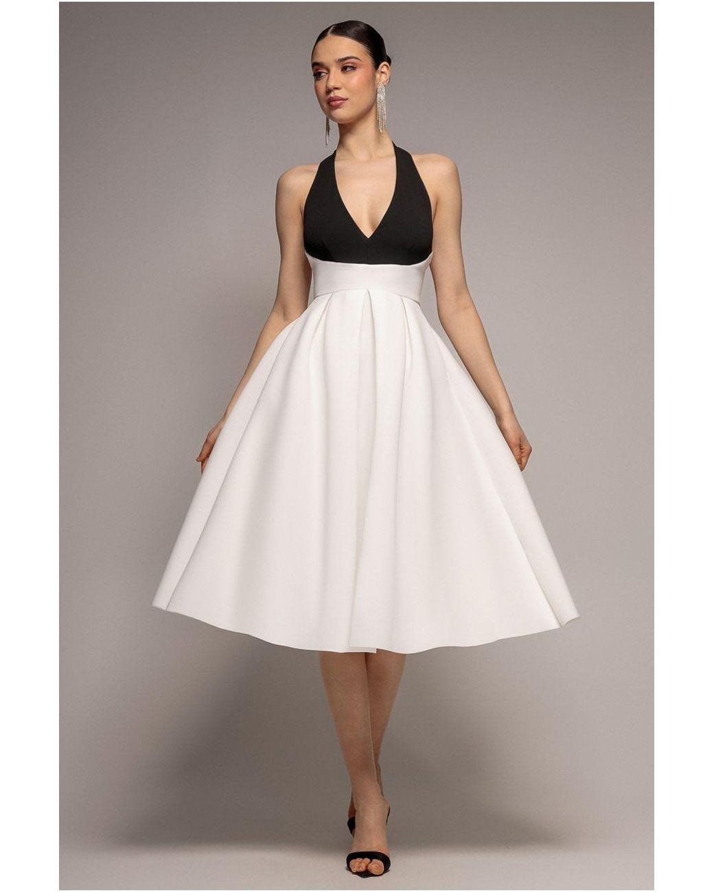 Goddiva White Contrast Halter Neck Pleated A Line Midaxi Dress