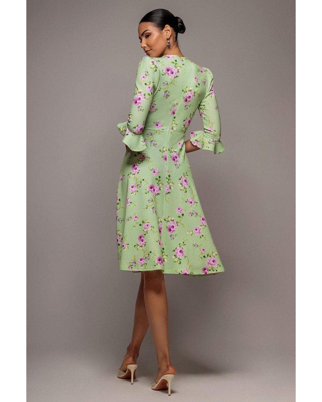 Goddiva Green Floral Printed Flared Sleeve Midi