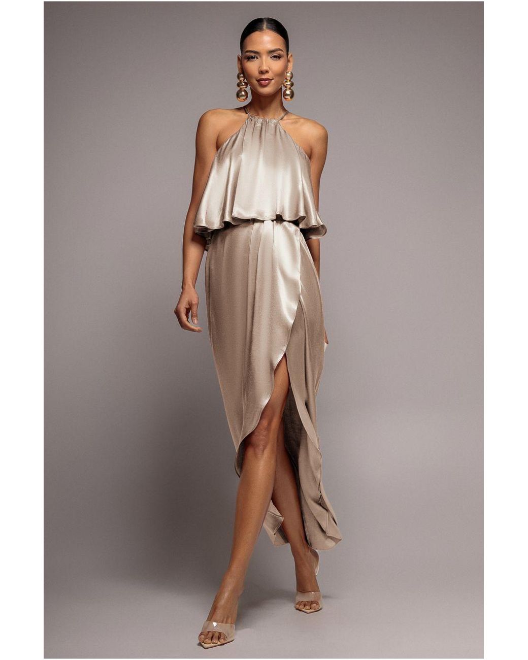 Goddiva Pink Satin Viscose Front Wrap Midi