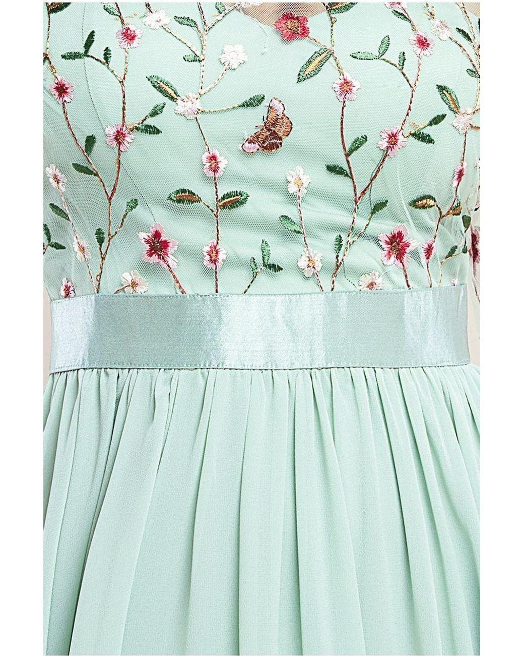 Goddiva Green Embroidered Top Flutter Sleeve Maxi