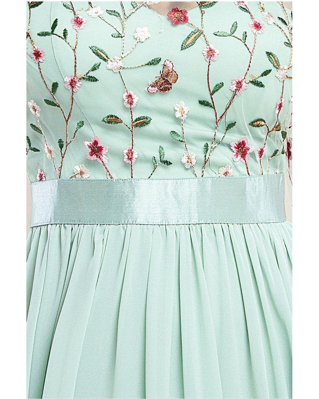 Goddiva Green Embroidered Top Flutter Sleeve Maxi