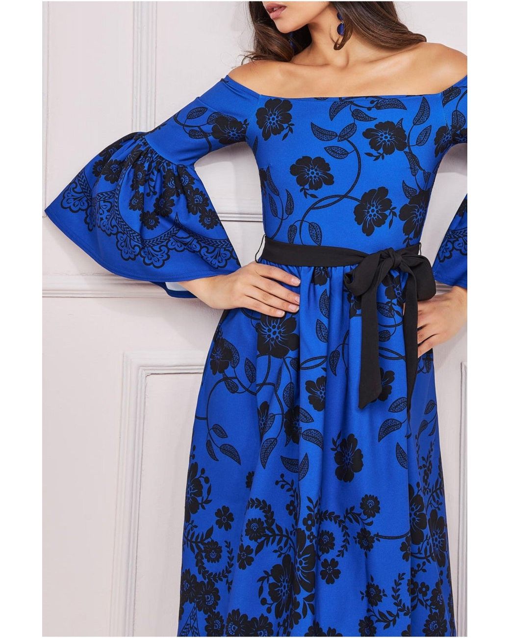 Goddiva Blue Printed Off The Shoulder Midi Dress