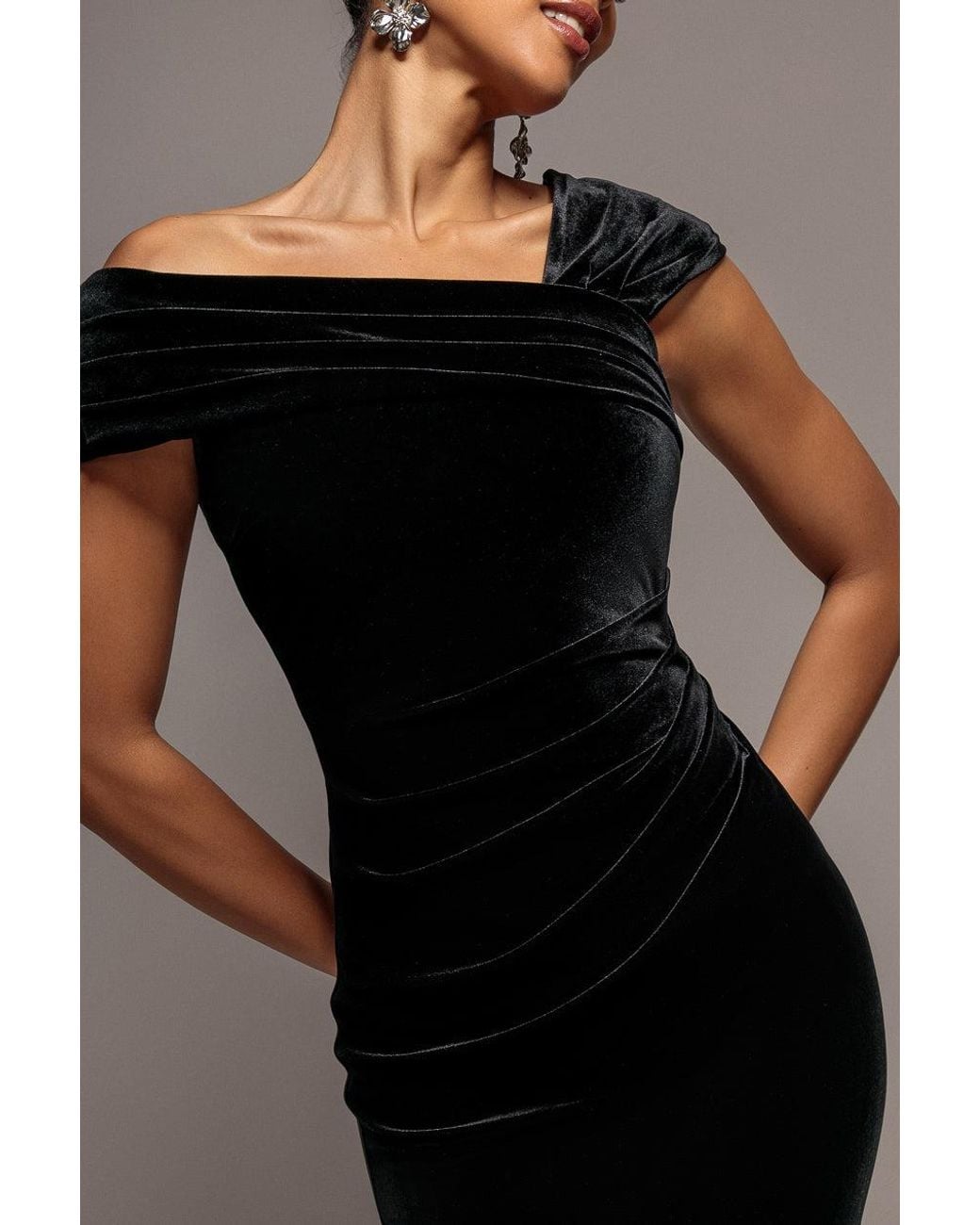 Goddiva Blue One Shoulder Velvet Maxi Dress