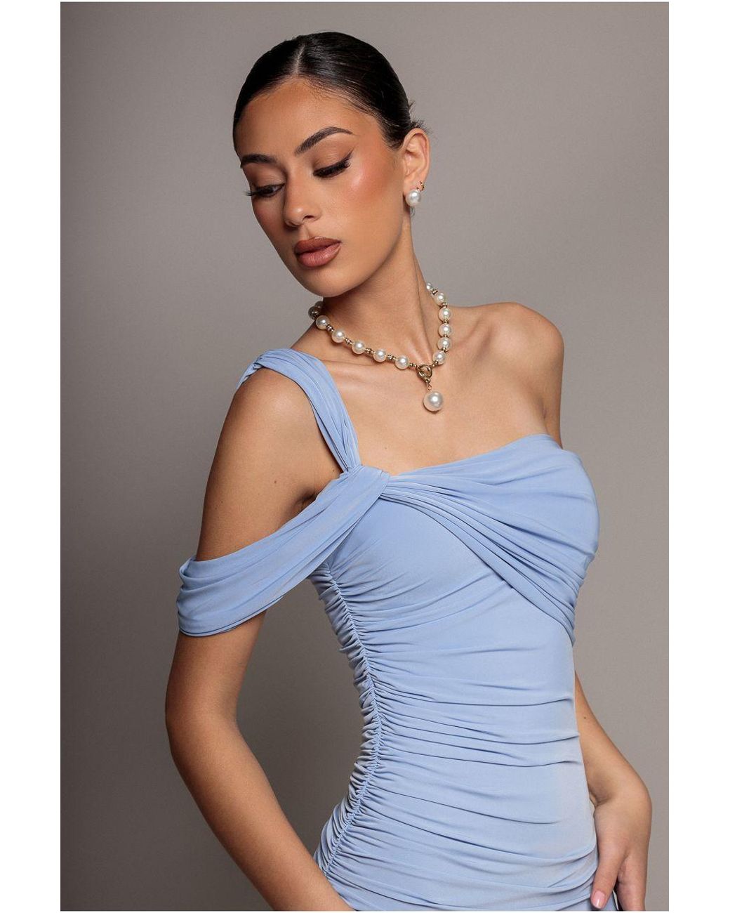Goddiva Blue One Shoulder Asymmetric Twist Maxi Dress