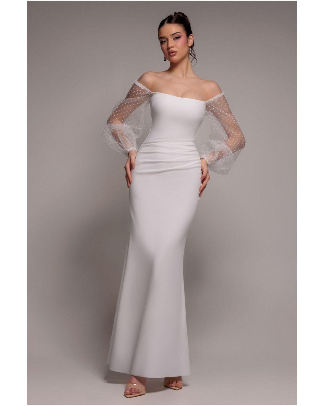 Goddiva Gray Dobby Organza Bishop Sleeve Multiway Maxi Dress