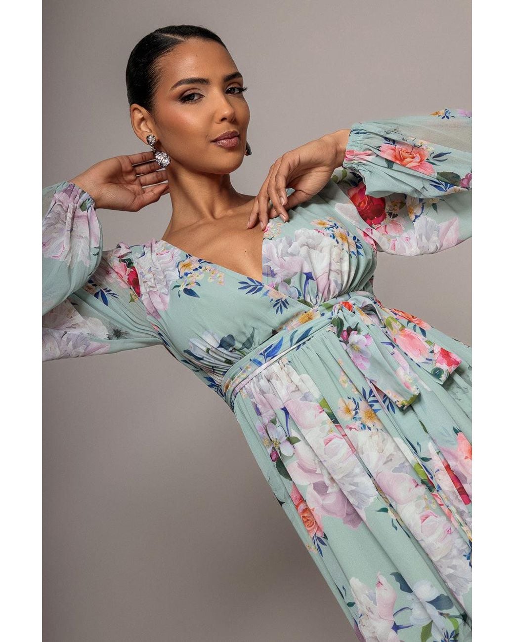 Goddiva Gray Wrap Front Slit Floral Maxi Dress