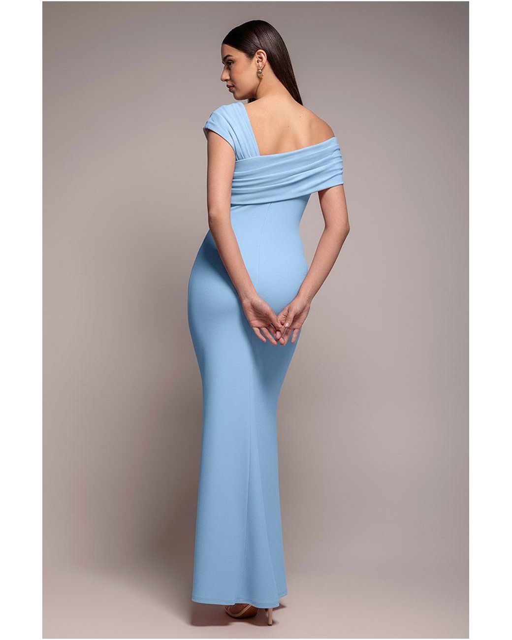 Goddiva Blue One Shoulder Asymmetric Scuba Crepe Maxi Dress