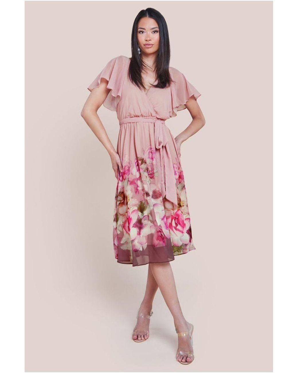 Goddiva Pink Chiffon Lurex Floral Border Print Midi Dress