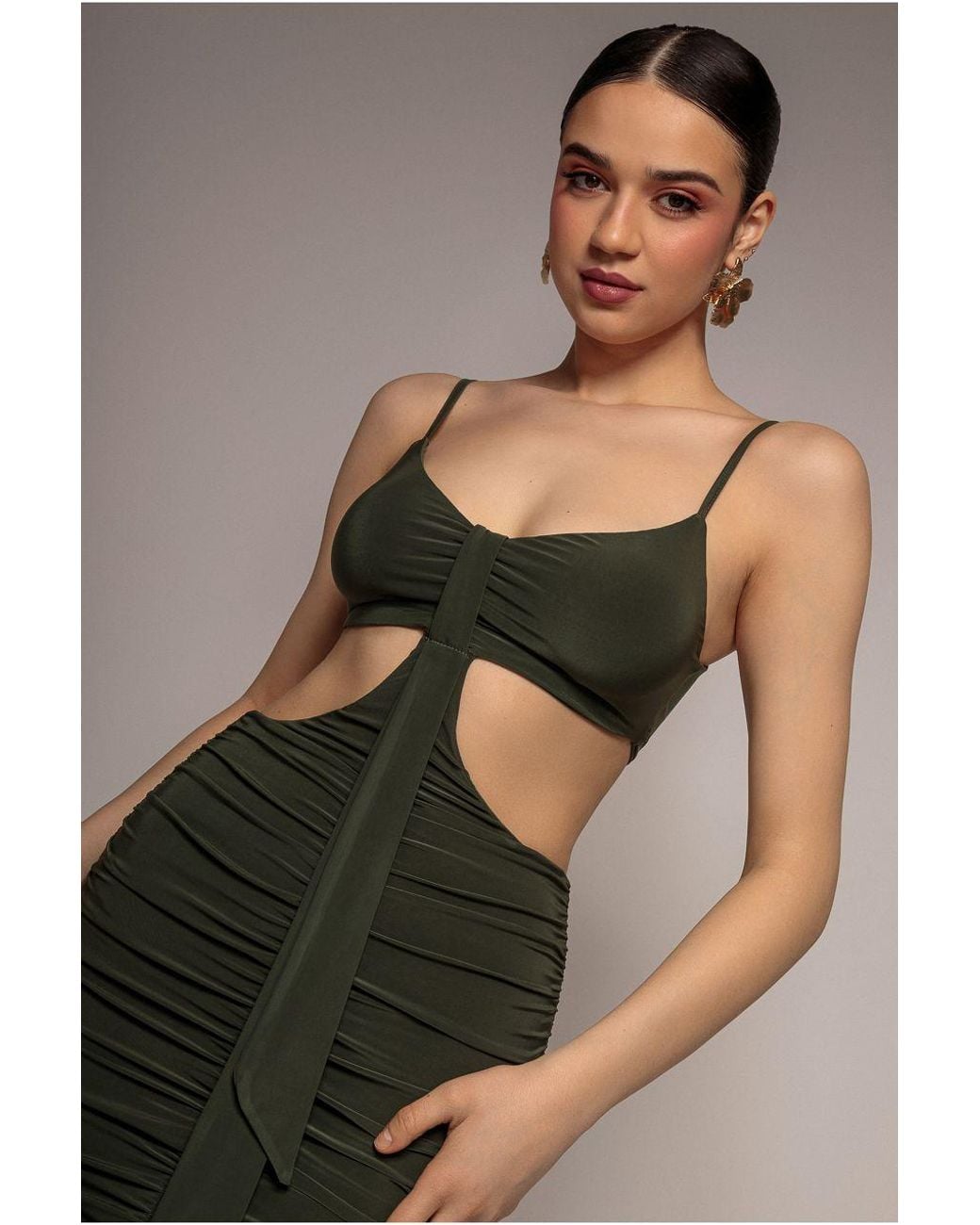 Goddiva Green Cut Out Ruched Bodycon Midi Dress
