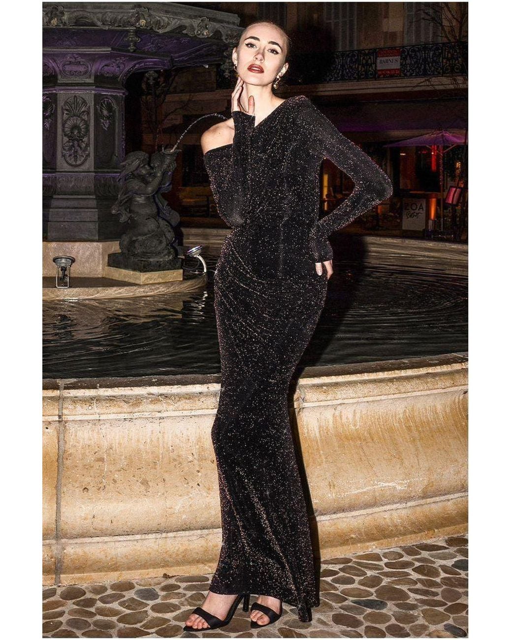 Goddiva Black Off The Shoulder Gathered Panel Sparkle Lurex Maxi Dress