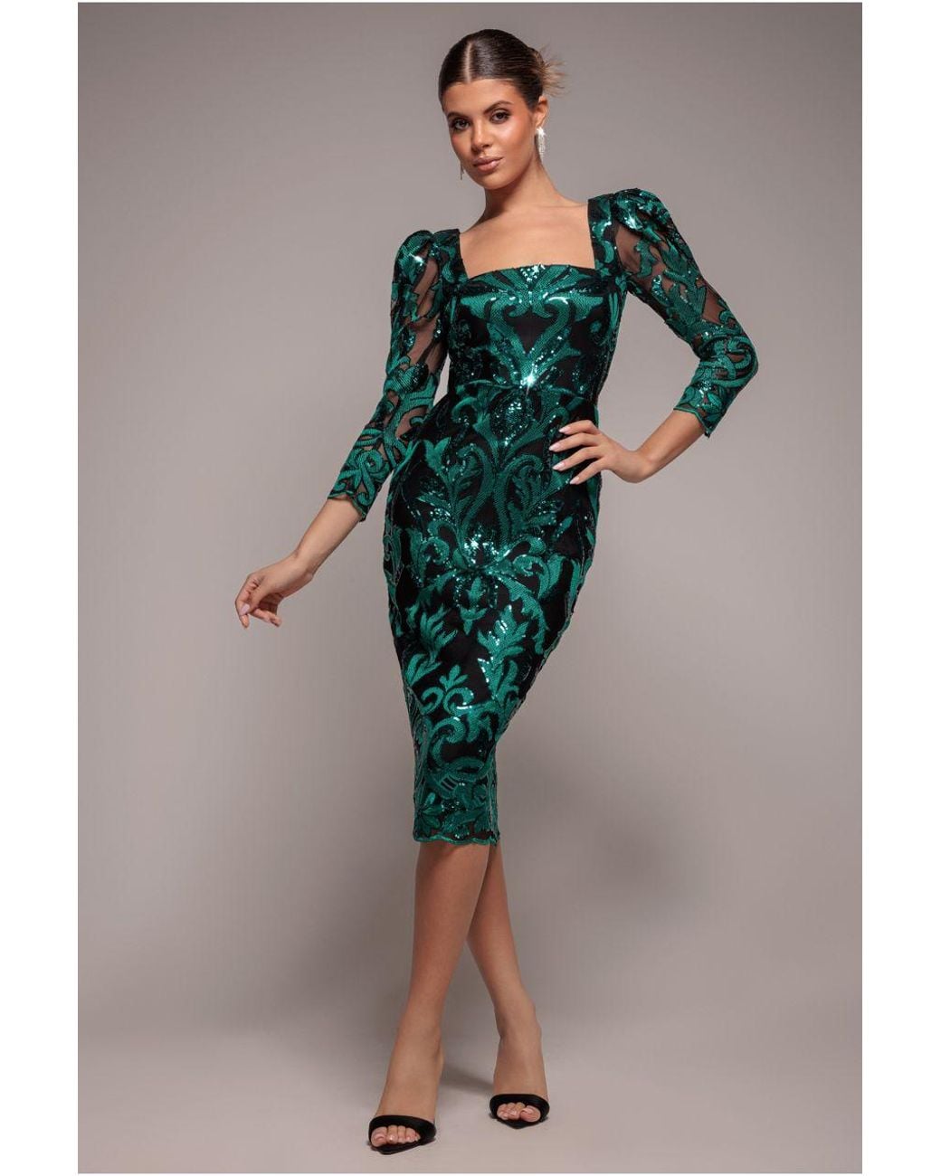 Goddiva Blue Square Neck Scalloped Embroidered Sequin Midi Dress