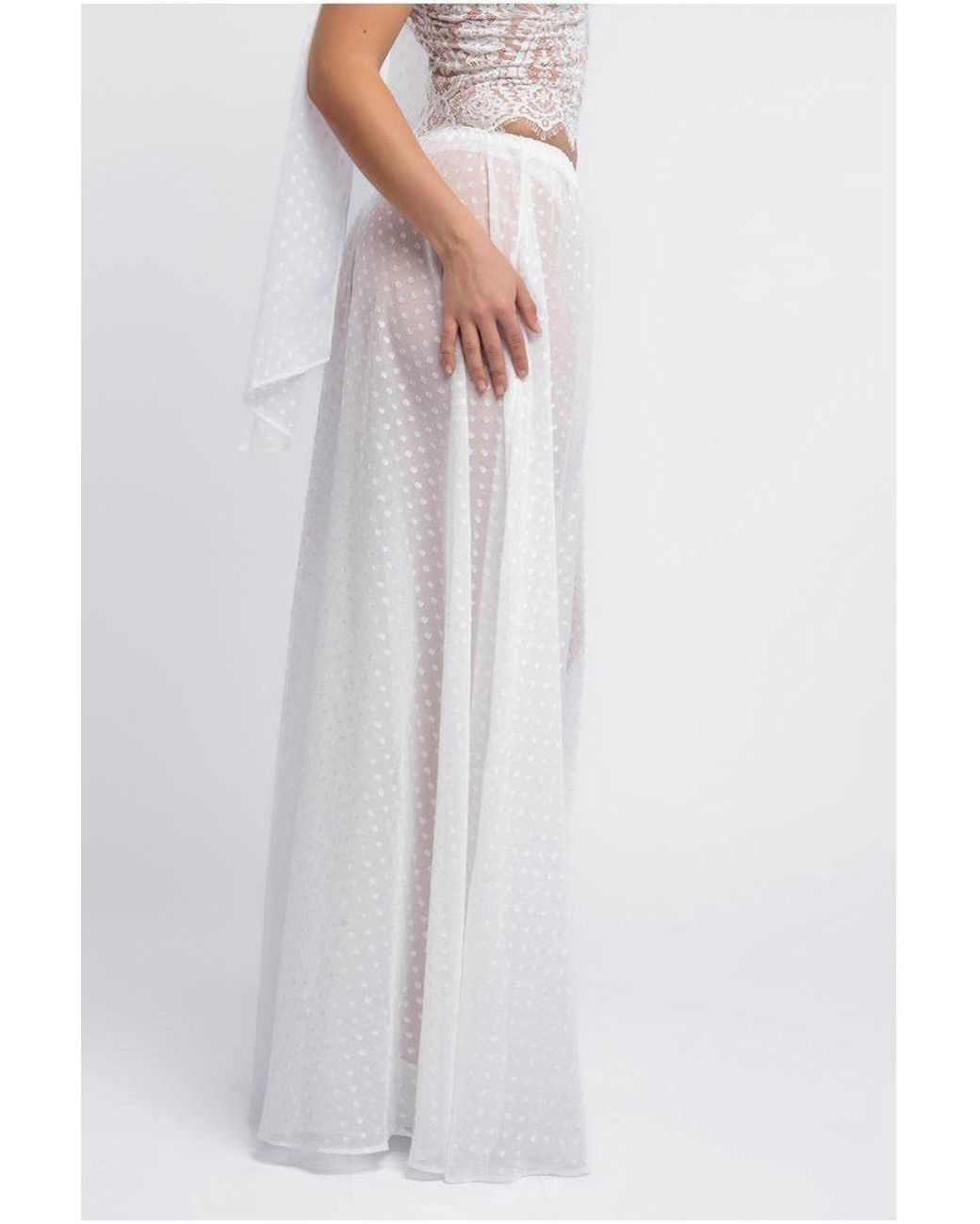 Goddiva White Embroidered Lace Corset Polka Dobby Chiffon A-Line Maxi Skirt With Scarf & Gloves
