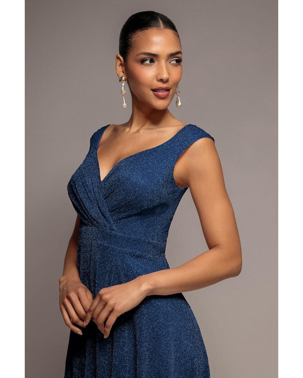 Goddiva Blue Crossover Lurex Glitter Maxi Dress