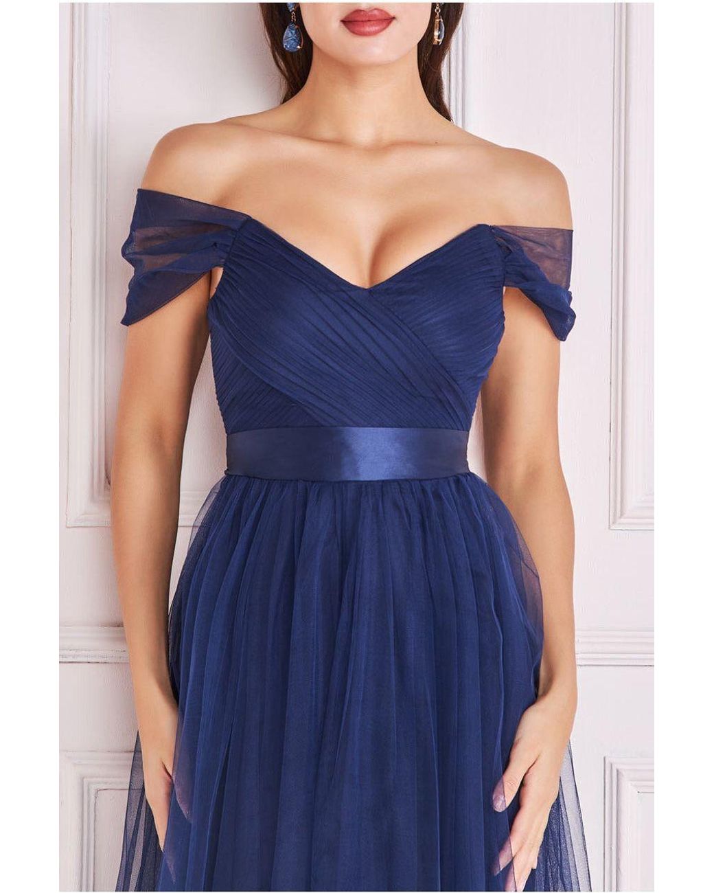 Goddiva Blue Off The Shoulder Princess Maxi Dress