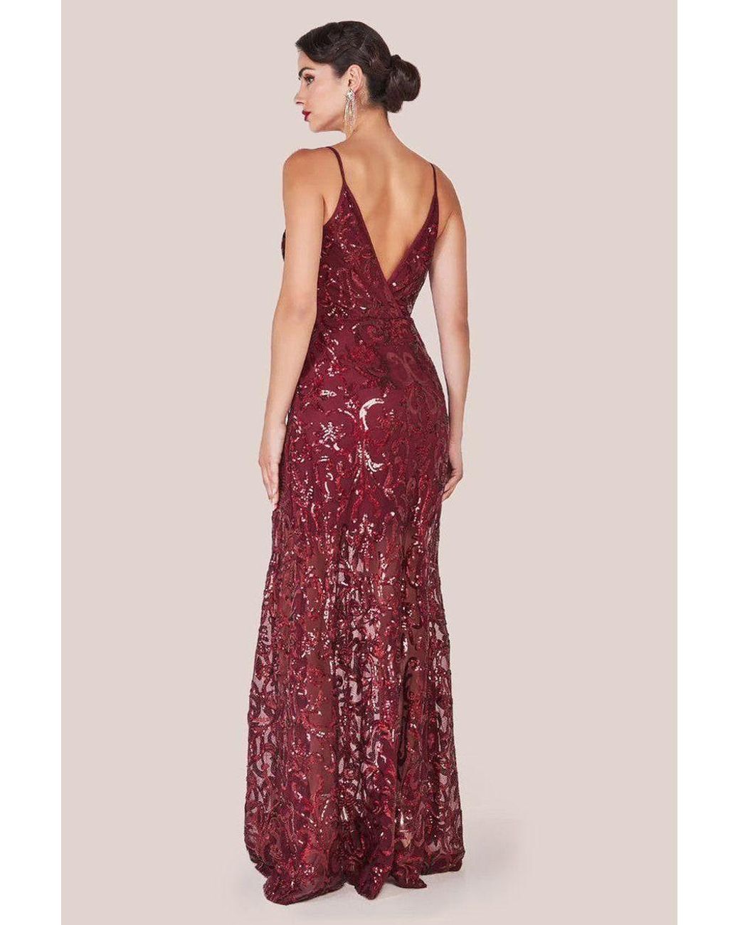 Goddiva Red Iridescent Sequin Maxi With Front Split