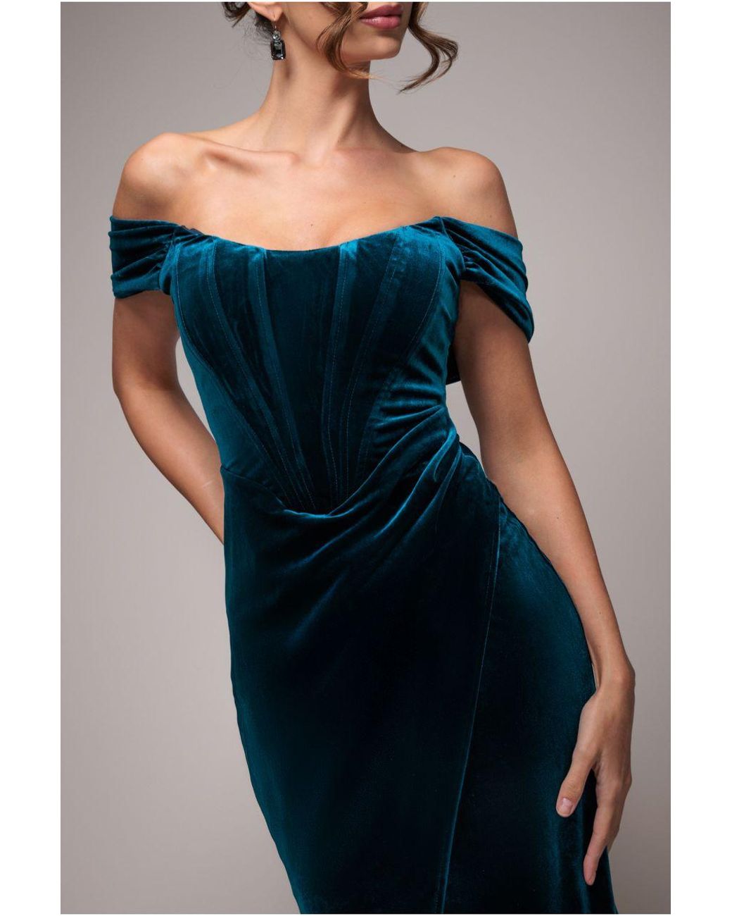 Goddiva Blue Draped Shoulder Velvet Corset Maxi
