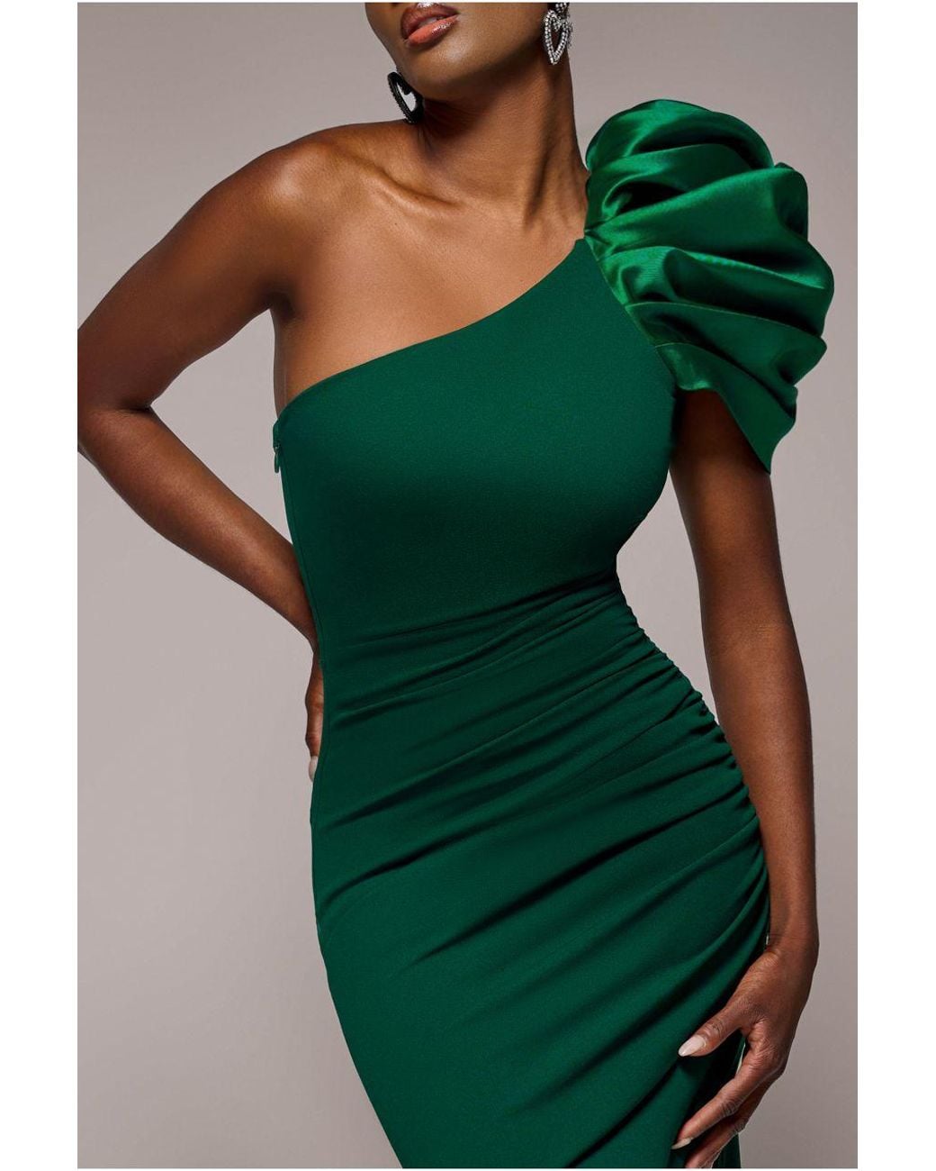 Goddiva One Shoulder Puffed Satin Sleeve Evening Maxi Dress in Green | Lyst