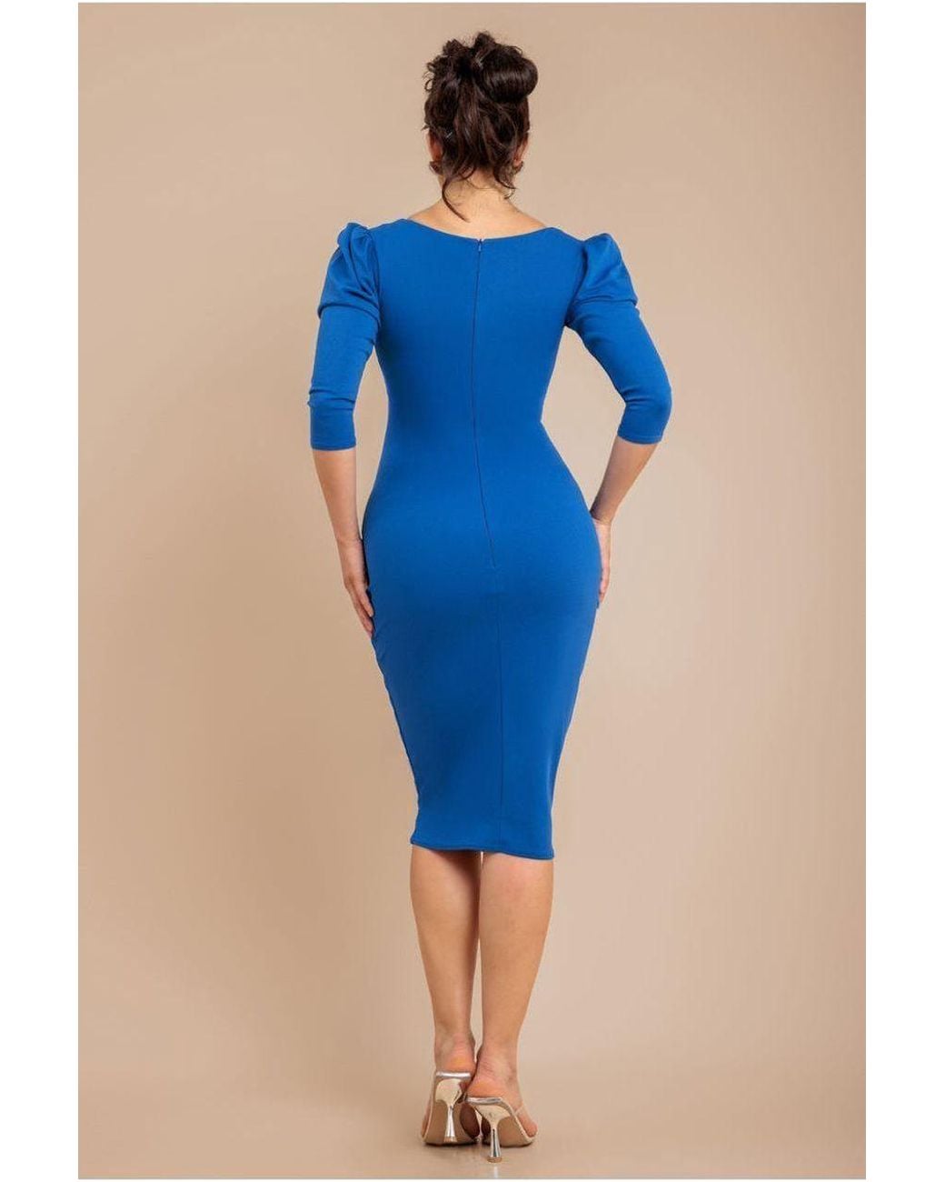 Goddiva Blue Front Wrap Pleated Scuba Midi Dress