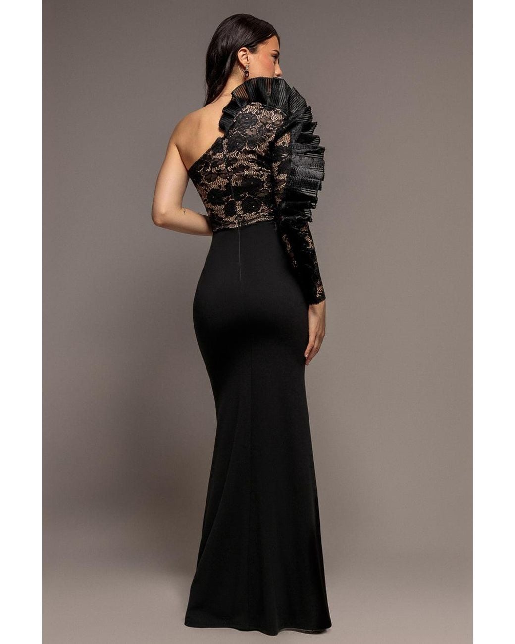 Goddiva Blue One Shoulder Organza Fan Detail Lace Bodice Maxi Dress