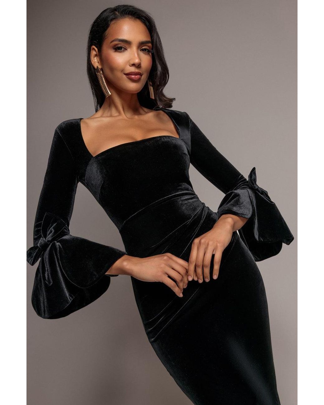 Goddiva Black Petal Bow Sleeve Frill Velvet Midi Dress