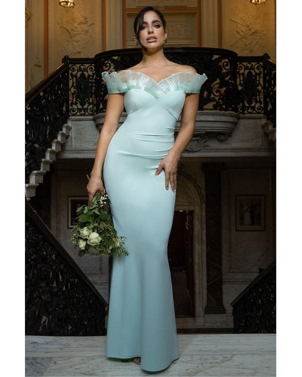 Goddiva Blue Fan Pleated Bardot Scuba Crepe Maxi Dress